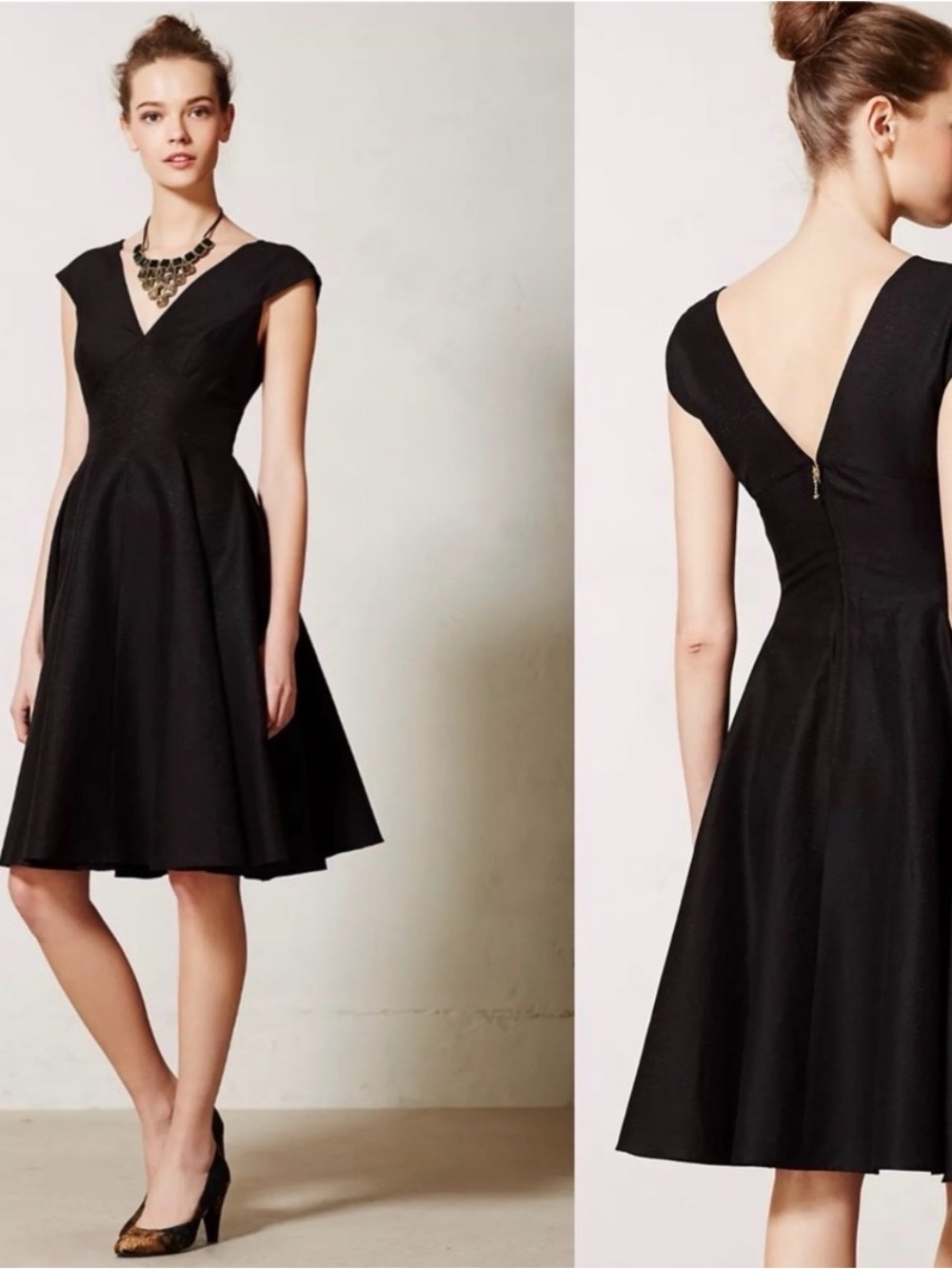 Peter Som Anthropologie Black Cap-Sleeve Fit-and-Flare Knee-Length Dress NWT